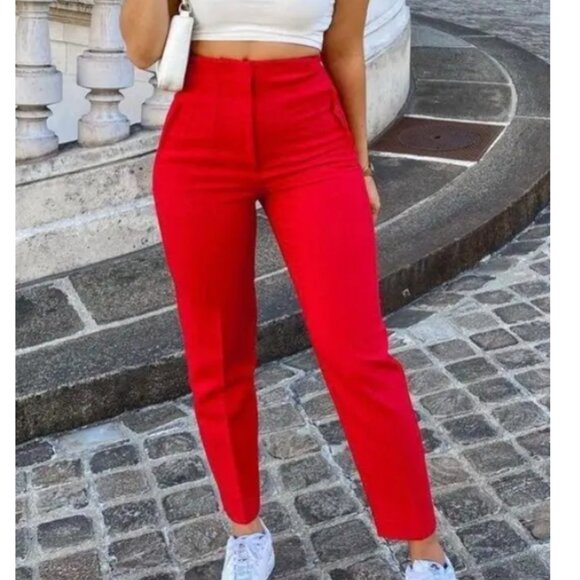 Zara High Waisted Red Trousers Size Small - Picture 2 of 7